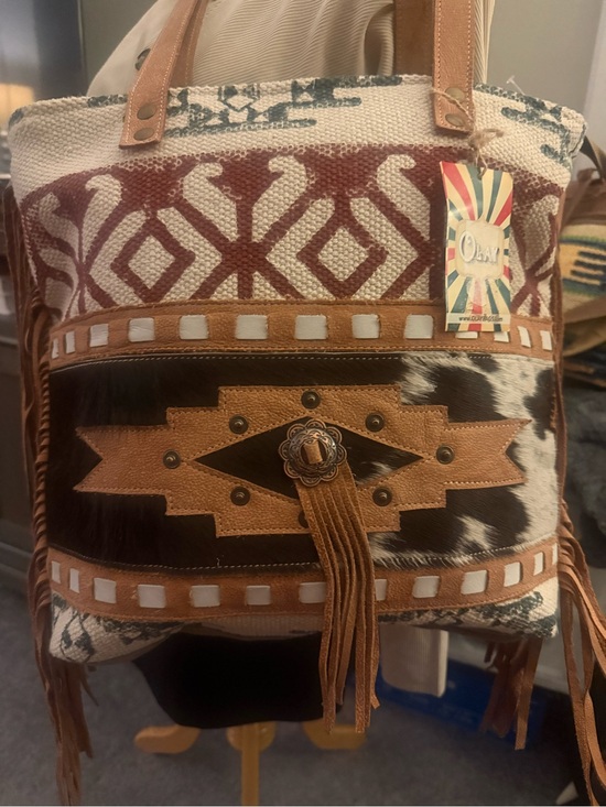ohlay Handbags - OHLAY Cowhide leather and Upcycled Canvas Fringe Tote